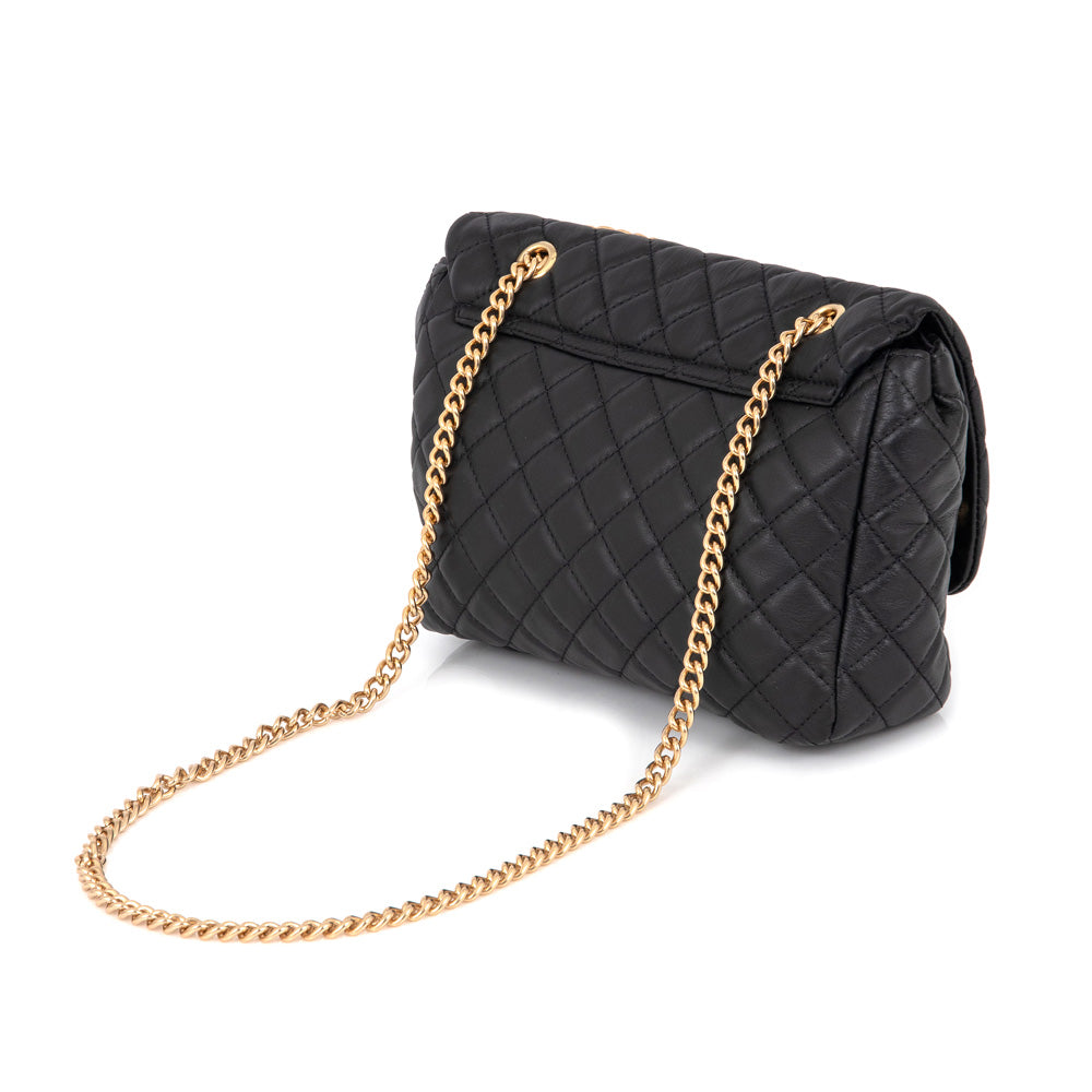 BOLSA PRETA DE COURO  MATELASSÊ CORRENTE DOURADA OLIVIA