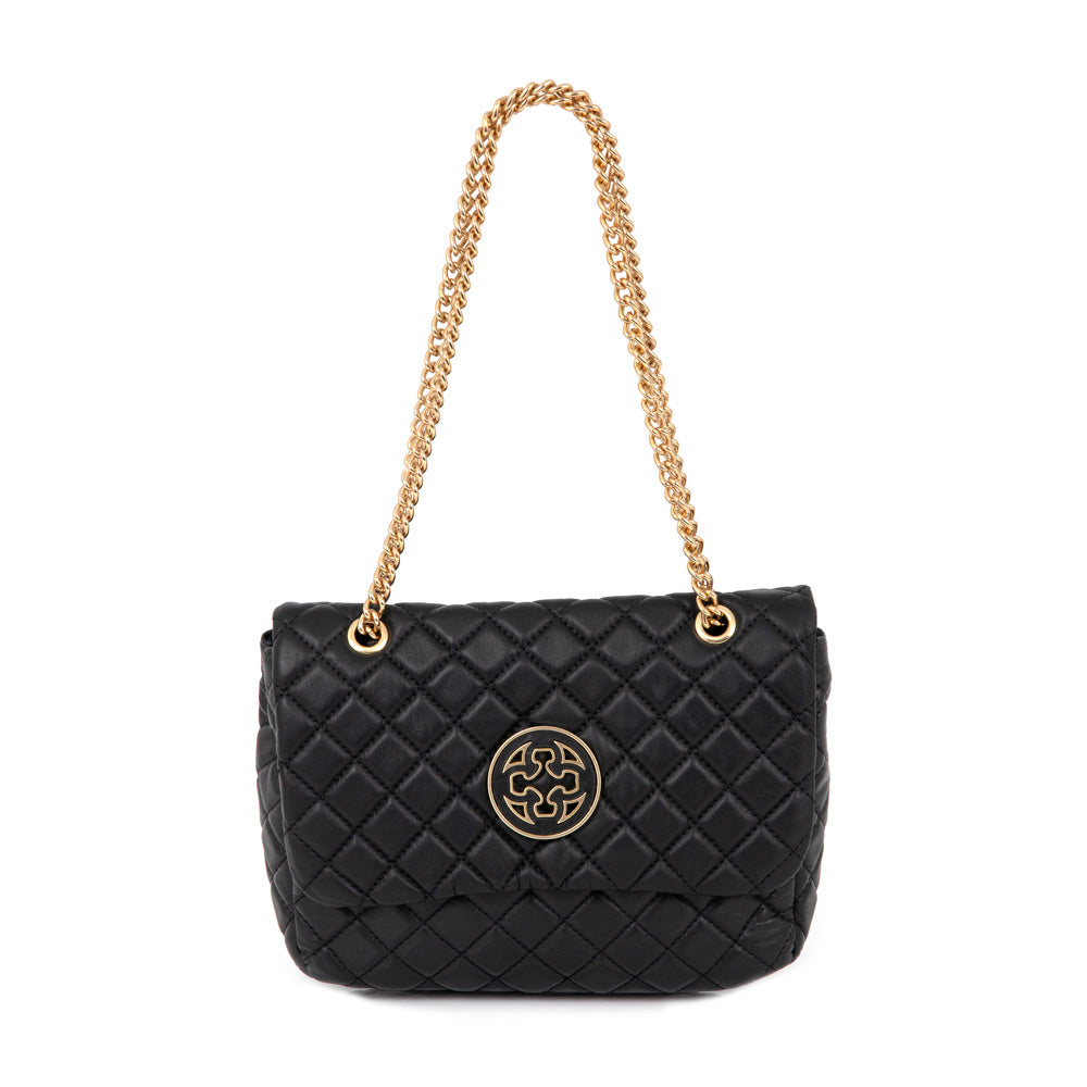 BOLSA PRETA DE COURO  MATELASSÊ CORRENTE DOURADA OLIVIA