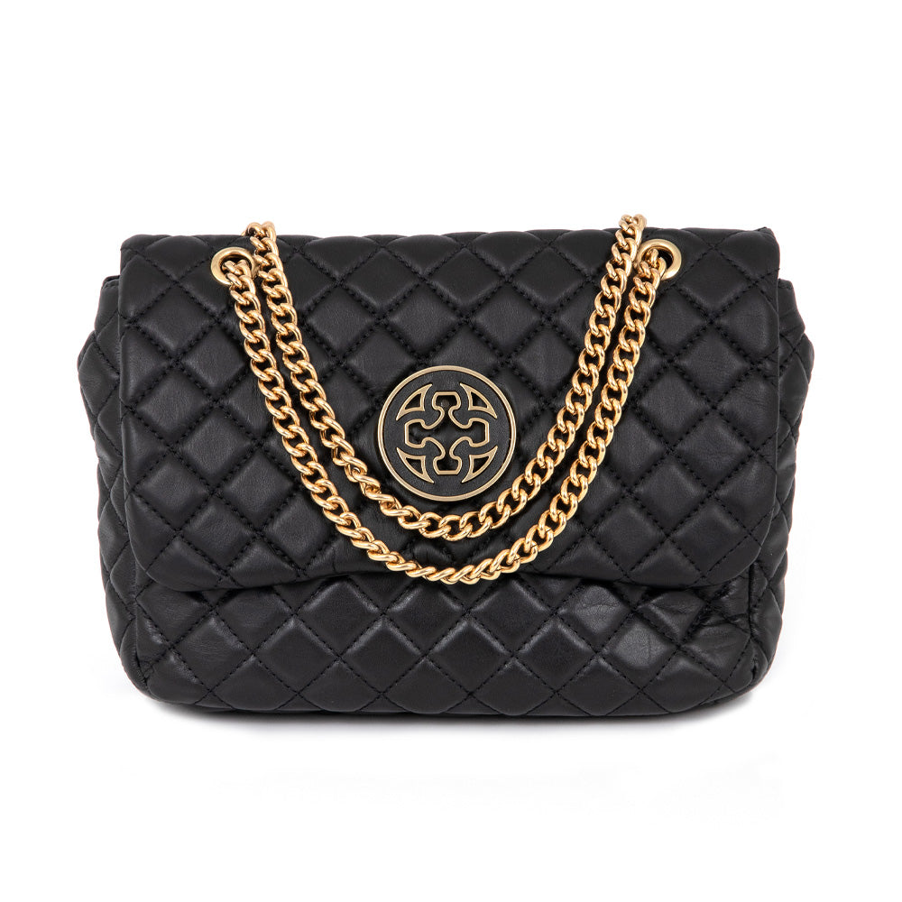BOLSA PRETA DE COURO  MATELASSÊ CORRENTE DOURADA OLIVIA