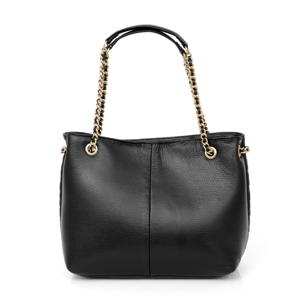 BOLSA MÉDIA PRETA DE COURO CORRENTE DOURADA CARINA