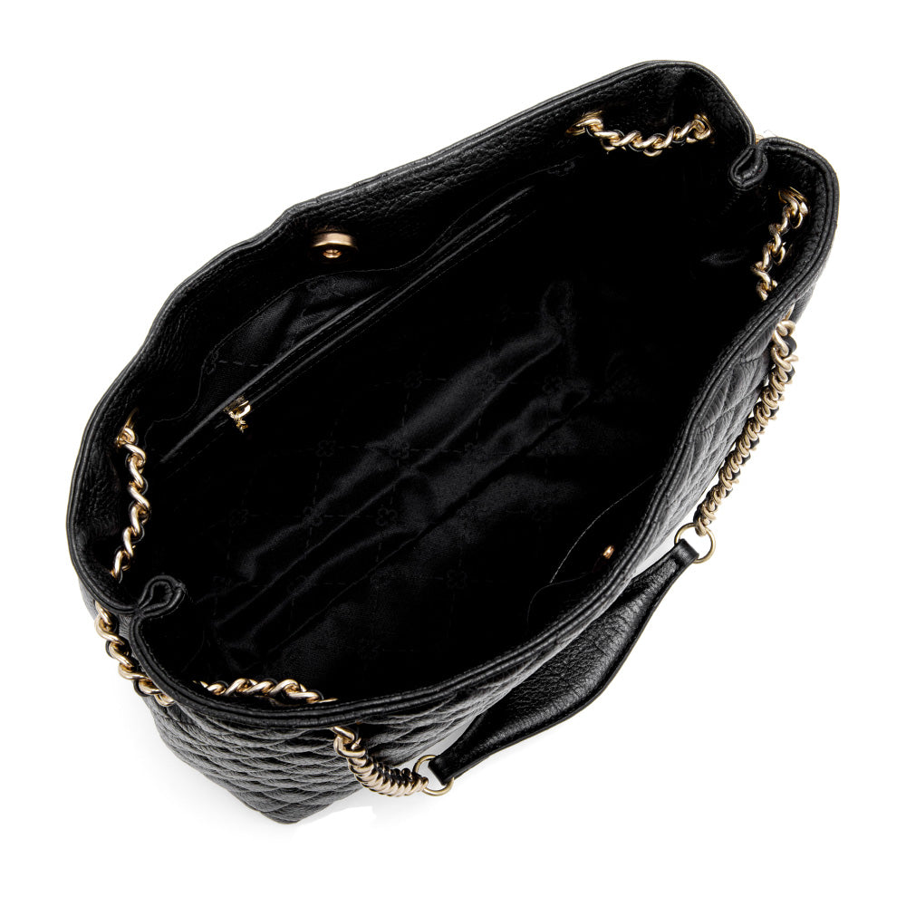 BOLSA MÉDIA PRETA DE COURO CORRENTE DOURADA CARINA