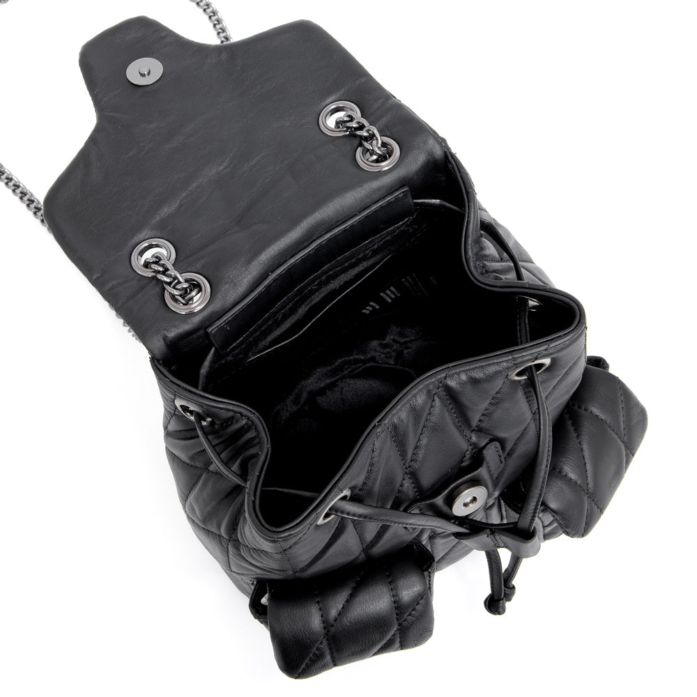 MOCHILA PRETA DE COURO MATELASSÊ ALÇA CORRENTE