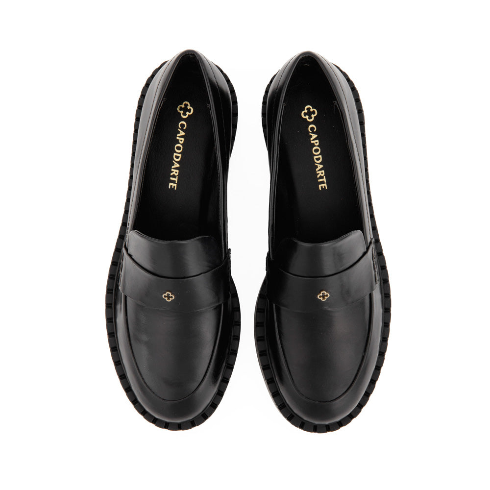 LOAFER MOCASSIM PRETO DE COURO SALTO BAIXO